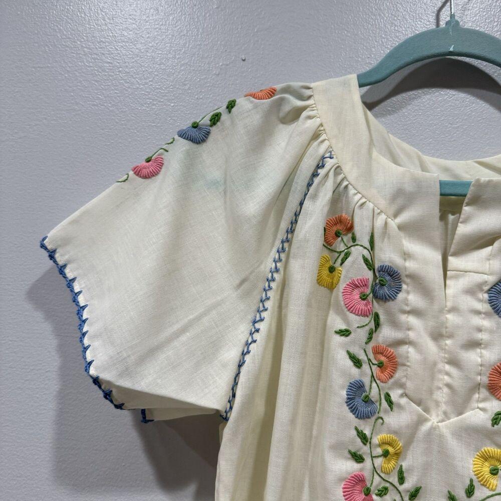Vintage Handmade Top Embroidered Floral Short Sleeve Stitched Trim Women M Cream - Picture 4 of 7